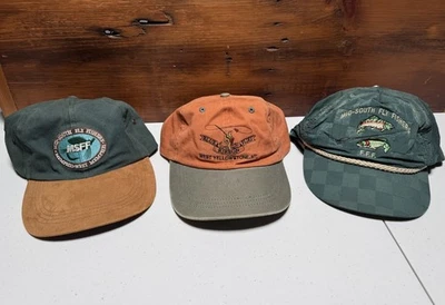 Lote de 3 bonés de chapéus ajustáveis para pesca com mosca vintage - MSFF / moscas de fita azul / FFF - Imagem 1 de 4