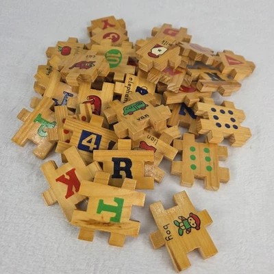 Vintage Wooden Interlocking Alphabet & Number Blocks Set of 36 Educational Toys - Image 1 of 4