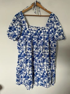 BNWT George Cotton Dress Size 20 Blue White Patterned Square Neck, Puff Sleeves - Picture 1 of 7