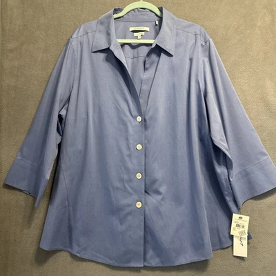 NWT Foxcroft Heritage Non-Iron Button Up Top Blouse Plus Size 22W Blue Shaped - Image 1 of 4