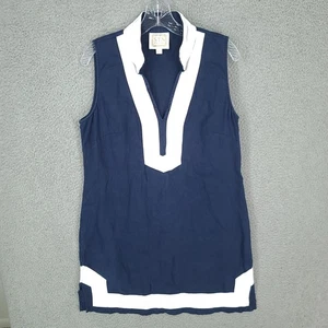 Sail To Sable Dress Womens Large Navy Blue Nautical V Neck 100% Linen Sleeveless - Picture 1 of 10
