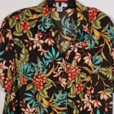 Blusa Judith Hart 20W $50 Marrón Verde azulado Rosa Tropical Floral Manga Corta Foto 1 de 4