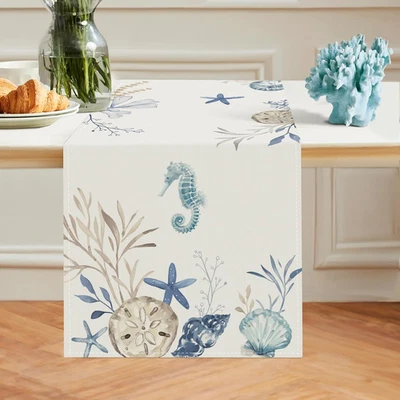 Nautical Coastal Table Runner 13x90 Inch Seahorse Starfish Seashell Beach Decor