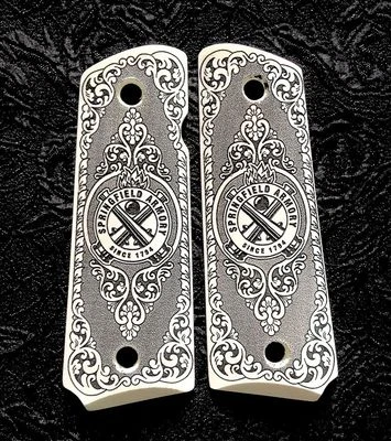 COLT Springfield Armory 1911 full size custom ivory scrimshaw grips scroll Logo