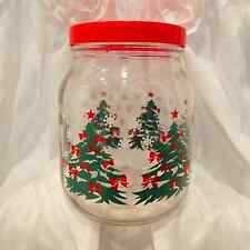 Vintage Anchor Hocking Christmas Tree Glass Jar Red Lid Winter Holiday Snow Bow