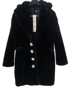 NWOT Nasty Gal Black Plush Faux Fur Knee Length Winter/Holiday Coat Sz 6US 42EU - Picture 1 of 11
