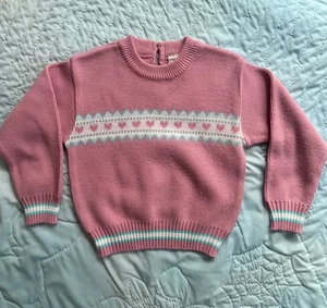 Vintage Baby Girl Little Baby 5 Pink Teal White Heart Knit Sweater - Picture 1 of 5