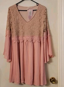 Pink Coconut Boho Pheasant Dress Top Pink Lace Embroidery Bell Sleeve SZ S New - Picture 1 of 12