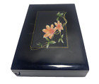 Boîte à tissus de voyage vintage design en laque florale noire avec miroir et tissus