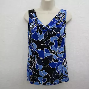 Liz Claiborne Womens Floral Sleeveless Flowy Top Shirt Blouse Blue Black Small - Picture 1 of 8