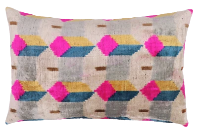 Handmade Geometric Feather Velvet Throw Pillow Pink 16 x 24 in (40 x 60 cm) - Image 1 of 4