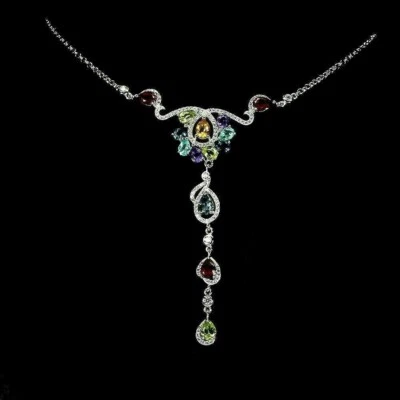 Silver Necklace Amethyst Topaz Garnet Genuine Gems Solid Sterling 18 1/4 to 20 - Image 1 of 4