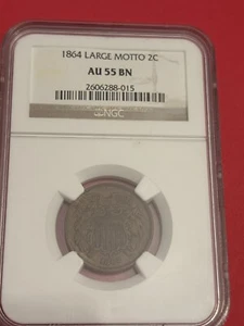 NGC AU-55 BN 1864 Two Cent Piece, Richly Hued, - Picture 1 of 6