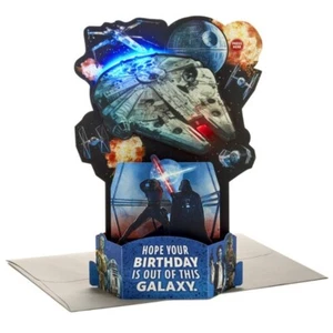 3D Pop-Up STAR WARS B-DAY Greeting Card Hallmark Paper Wonder LIGHT & MUSIC NIP - Picture 1 of 3