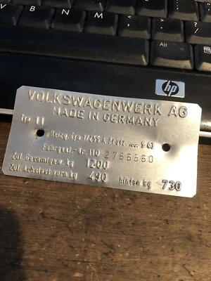 1970 Volkswagen Type 11 Beetle Sedan VIN Name ID Plate Original Germany ITEM#5 - Image 1 of 3