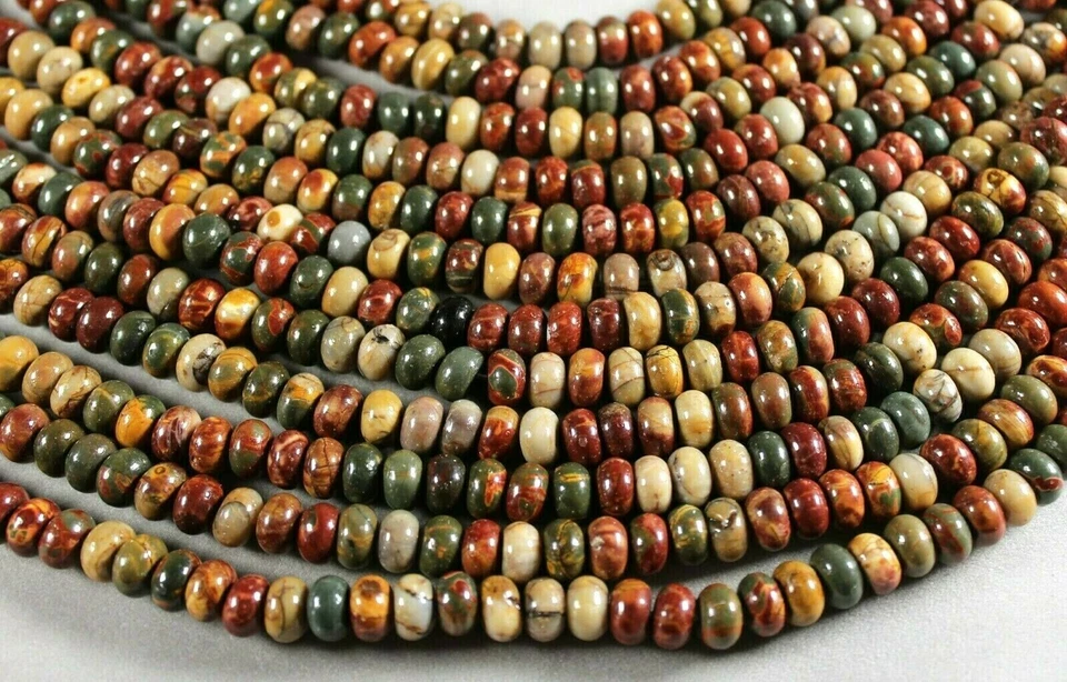 RED CHERRY CREEK PICASSO JASPER 6X8MM RONDELLE BEADS 16" GREEN GOLD GRAY - Image 1 of 1