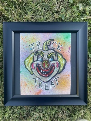 Original Art- Trickster Clown- Acrylic Painting On Paper Framed- 10x10”- OOAK - Image 1 of 3
