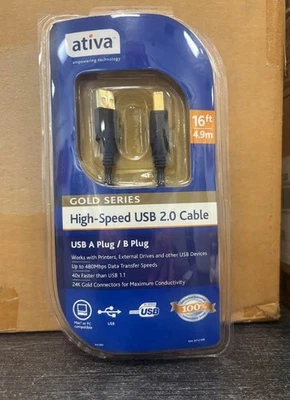 Ativa Gold Series USB A/B Device Cable, 16', Black New In Package - Image 1 of 2