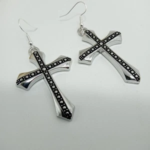 Big Black Silver tone CROSS Earrings Large Goth Rock Religious Hollow Back Metal - Picture 1 of 9
