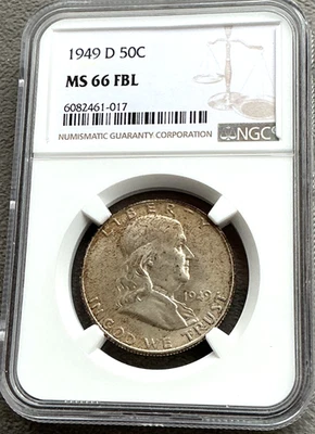 1949 D Franklin Half Dollar NGC MS66 FBL Full Bell Lines Toned - Image 1 of 4