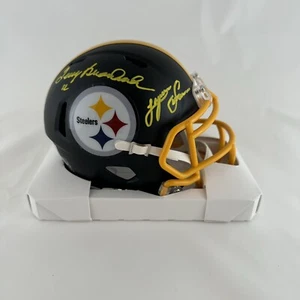 Terry Bradshaw Lynn Swann signierter flacher schwarzer Steelers Minihelm Beckett BAS - Bild 1 von 3