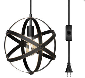 DEWENWILS Plug in Pendant Hanging Light, Wood Grain Industrial Style Metal  
