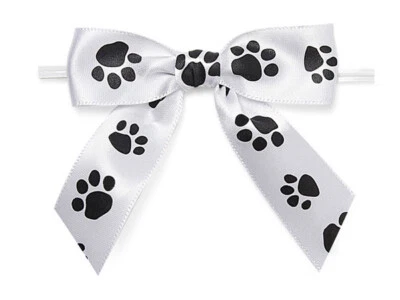 12 pcs - 3" Black Paw Print on White Satin Bows w/Twist Ties - 7/8" wide - Image 1 of 2