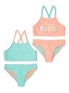 2-Pack Wonder Nation Girl's Bikini Swimsuit Set with UPF 50+ Ocean Waves NEW - Picture 1 of 4
