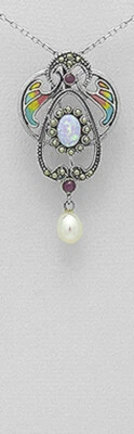 Solid Sterling Silver Enamel Opal Ruby Marcasite Pearl Pendant Brooch 1.85" Long - Image 1 of 4