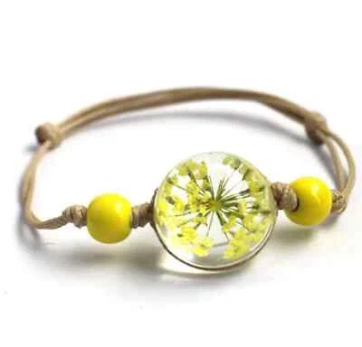 Dry Yellow Flower Cabochon Glass Ball Adjustable Cord Boho Bracelet E - Изображение 1 из 2