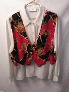 Vintage Blouse Vest Attached Claudia Richard White Red Black Plus Size 22 / 42 - Picture 1 of 6