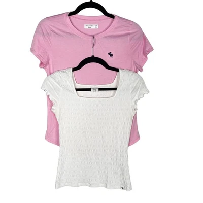 Abercrombie Kids Girls 15/ 16 Set of 2 Tees Pink Crew Neck Tee White Smocked Tee - Image 1 of 4