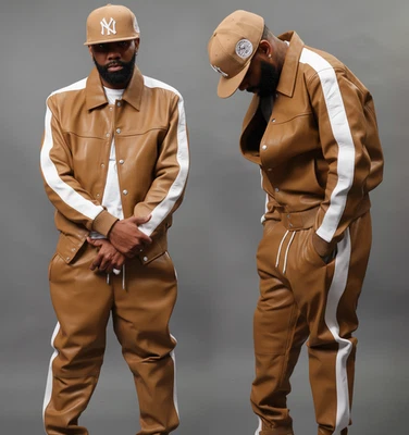 Traje de chándal de cuero PU para hombre Traje para correr Chándal marrón claro/blanco Foto 1 de 3