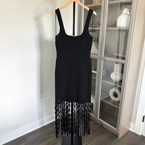 Simkhai Signa Fringe Trim Dress Black Stretch Knit Sleeveless Lattice Large L - Picture 1 of 7
