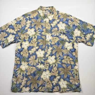 Campra Moda Hawaiian Shirt XL Blue Tan Floral Tropical Button Front Korea Vtg - Image 1 of 4