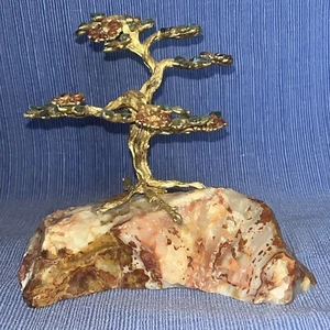 Vintage Messing SWOBODA EDELSTEIN BAUM Steinsockel Jaspis? Jade & Citrin? 6"X5.75" - Bild 1 von 22