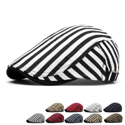 Hombres Mujeres Gorra Plana a Rayas de Newsboy Ajustable Hiedra Gatsby Cabbie Conducir Golf Sombrero Foto 1 de 2