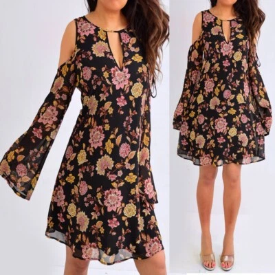 Forever 21 Black Brown Yellow Floral Long Sleeve Dress Size L Large - Image 1 of 4