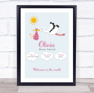 New Baby Birth Details Christening Nursery Stork Light Skin Girl Gift Print - Picture 1 of 1
