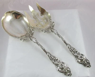 Antique Reed&Barton Les Six Fleurs Sterling Silver Oversize Salad Fork&Spoon Set - Image 1 of 4