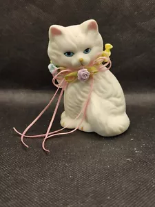 R.O.C. White Porcelain Blue Eyed Cat With Ribbons And Flowers Made In Taiwan - Picture 1 of 8