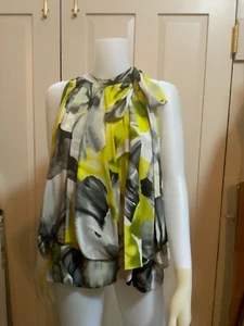 NWD ROBERT RODRIGUEZ Silk Yellow Gray Floral Blouse Top Front Bow 10 L Large - Picture 1 of 9