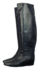 LANVIN PARIS tall black wedge boots genuine leather covered heel pull on knee 8 - Picture 1 of 12