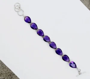 Purple Amethyst Gemstone 925 Sterling Silver Handmade Bracelet Jewelry Sz 7-8" - Picture 1 of 5