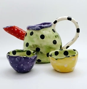 TEA POT SET 3, STUDIO ART POTTERY SIMILAR DESIGN T0 KAY BYNUM Bright Multicolor - Picture 1 of 9