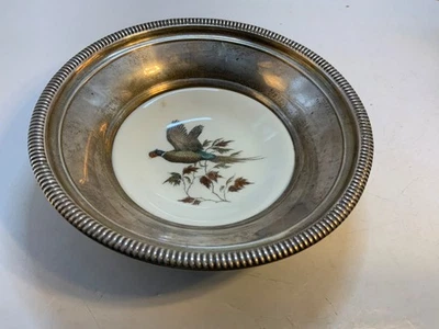 Cuenco vintage Frank M Whiting con borde de plata de ley y faisán pintado Foto 1 de 4