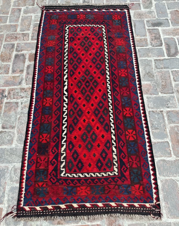 3x7 ft Afghan Vintage Ghalmori Runner Kilim Handwoven Red Hallway Oriental Rug - Image 1 of 4