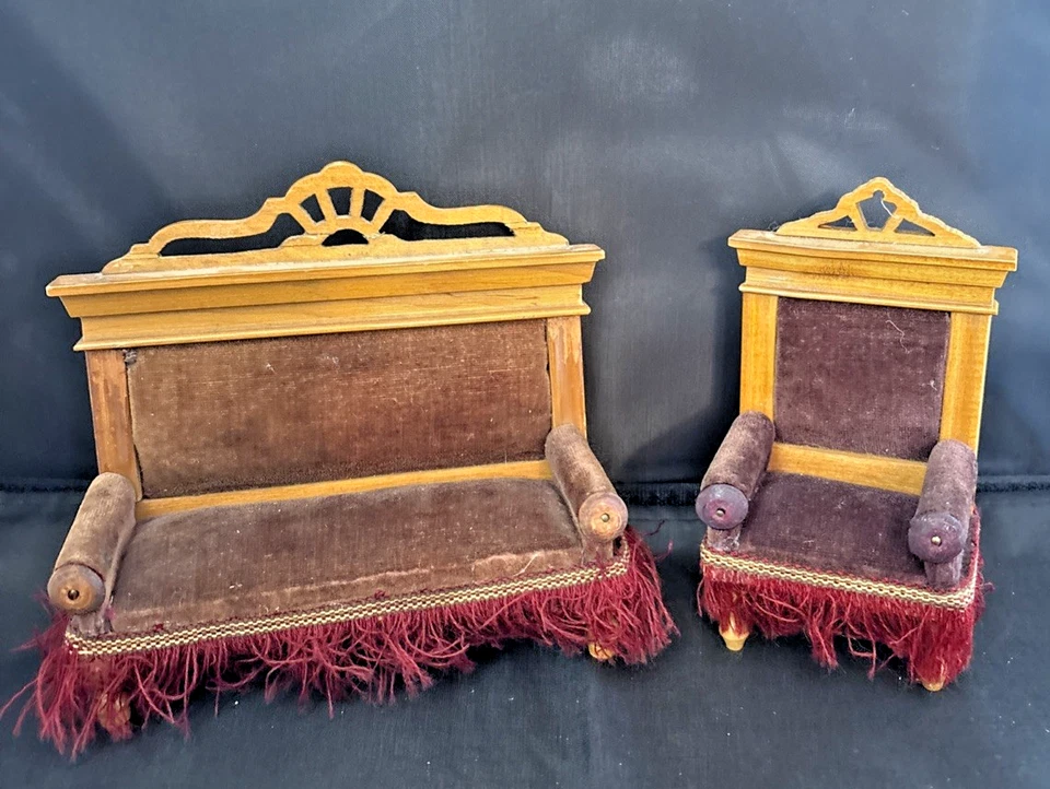 Antique German Schneegas Walterhausen Sofa & Arm Chair Dollhouse Miniature Set - Image 1 of 4