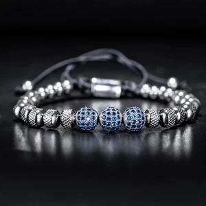 Bracciali Uomo Lusso Pave Set Blu Zirconi Perline 6mm Acciaio Inox Perline Tonde - Foto 1 di 19