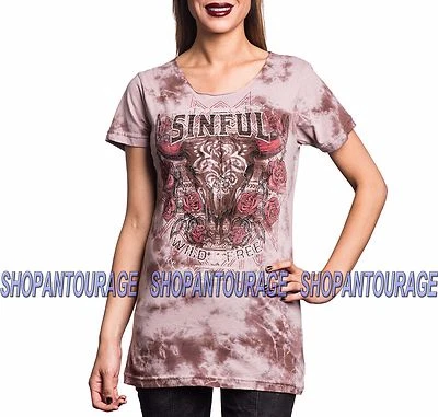 Sinful Rattlesnake Bend S3915 Women`s New Graphic Scoop Neck Top By Affliction - Image 1 of 4